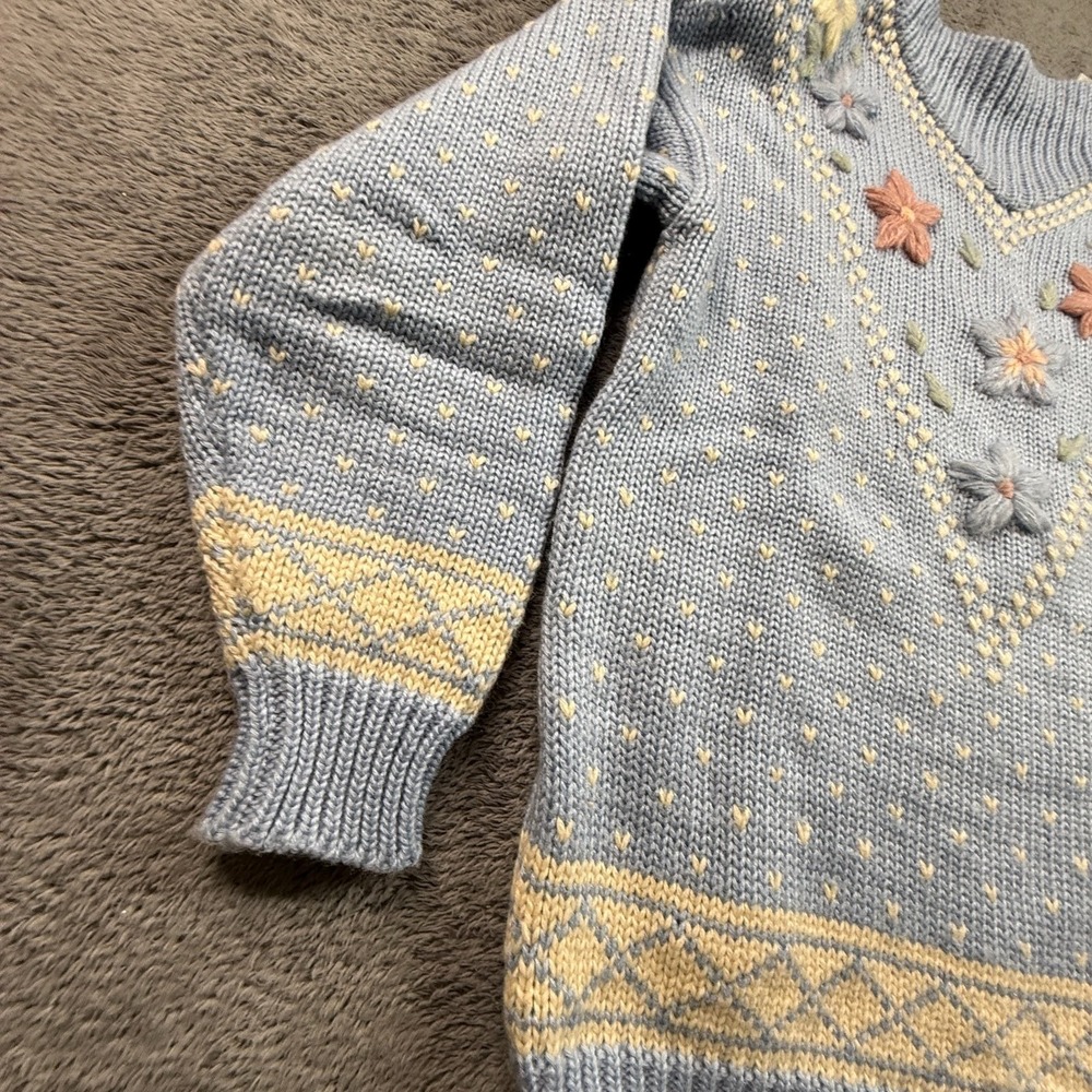 Vintage Melbourne Elements Hand Knit Blue Floral Embroidered Fair Isle Sweater S - Picture 5 of 9